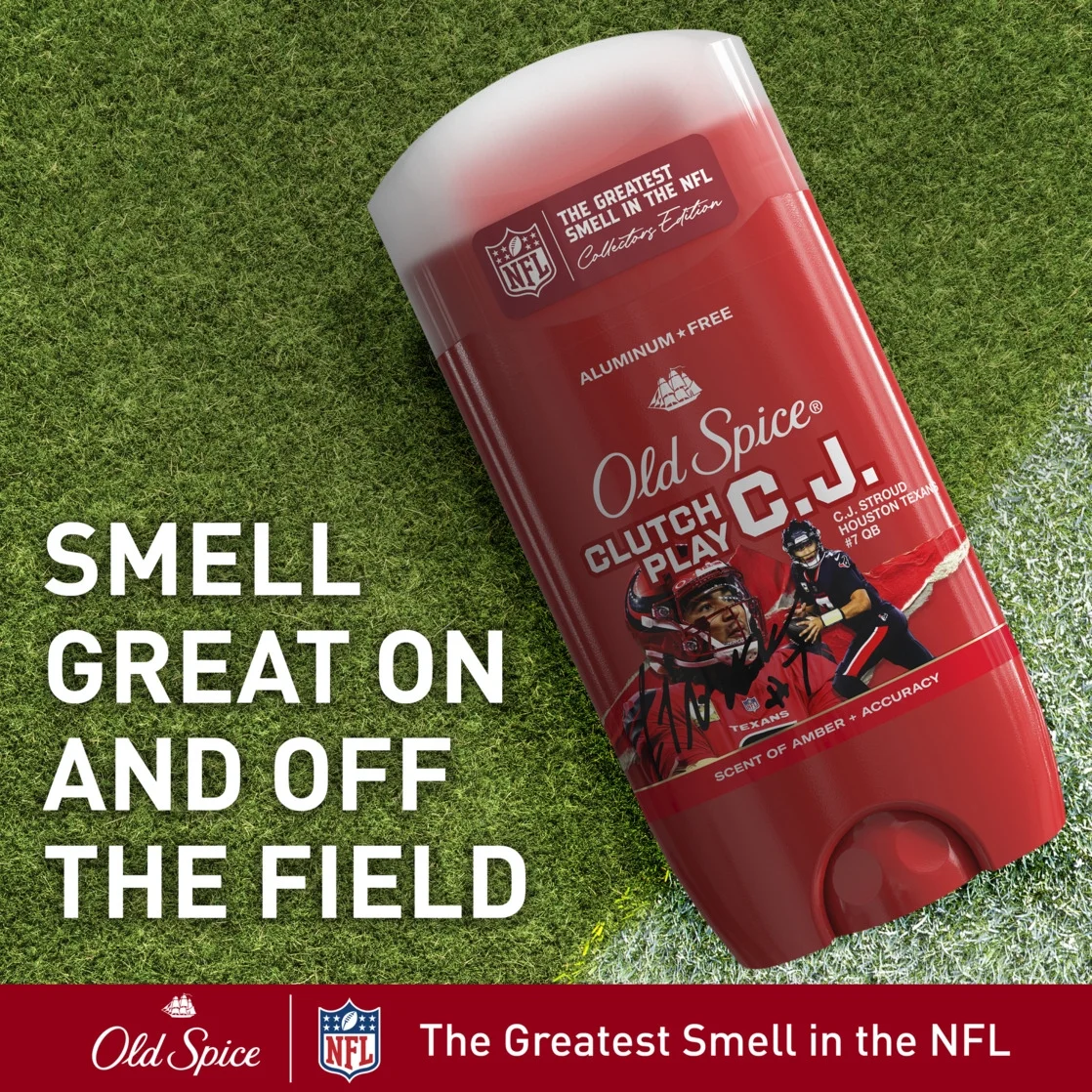 Old Spice Men's Aluminum Free Deodorant, NFL Collection, Clutch Play CJ Stroud, Amber + Accuracy Scent, 3oz