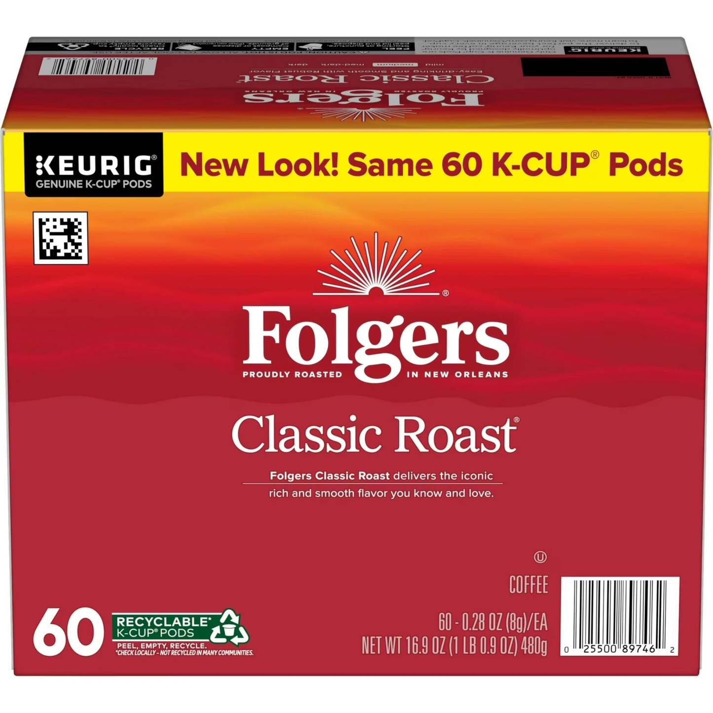 Folgers Classic Roast, Medium Roast Coffee, Keurig K Cup Pods, 60 Count Box