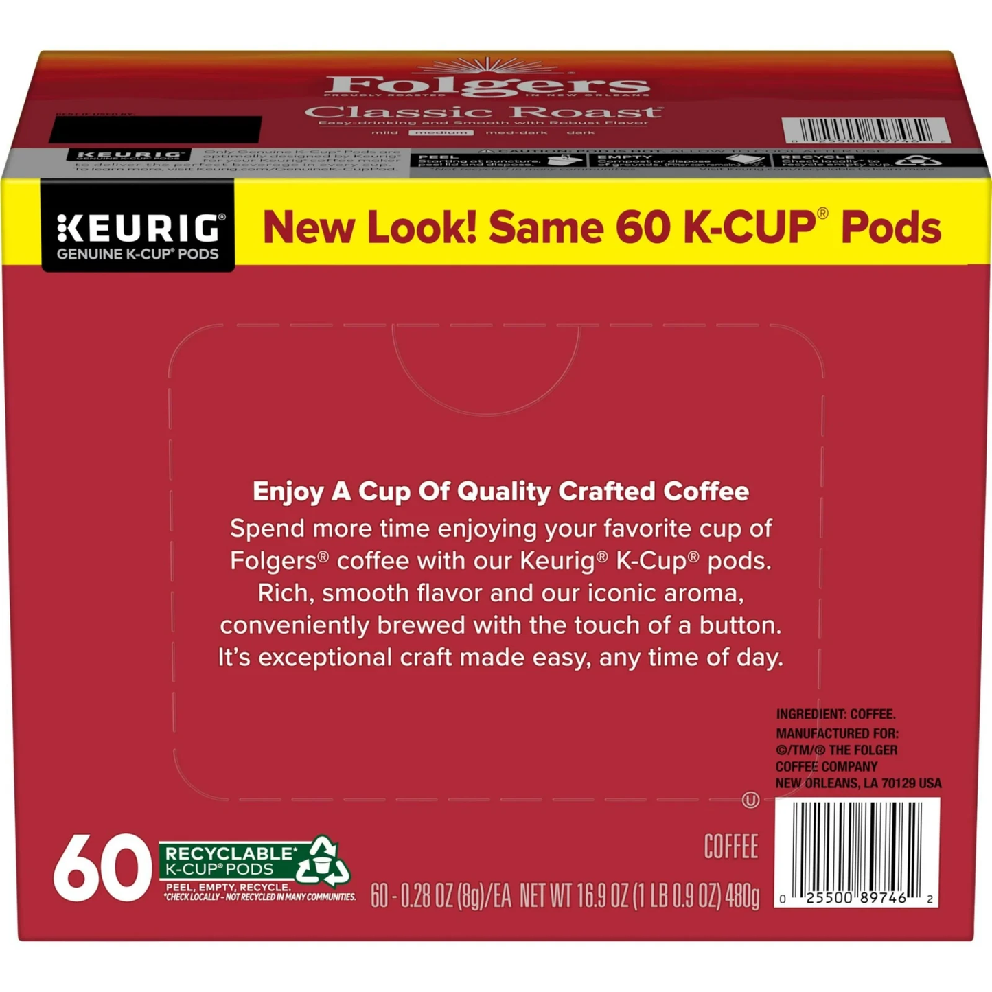 Folgers Classic Roast, Medium Roast Coffee, Keurig K Cup Pods, 60 Count Box