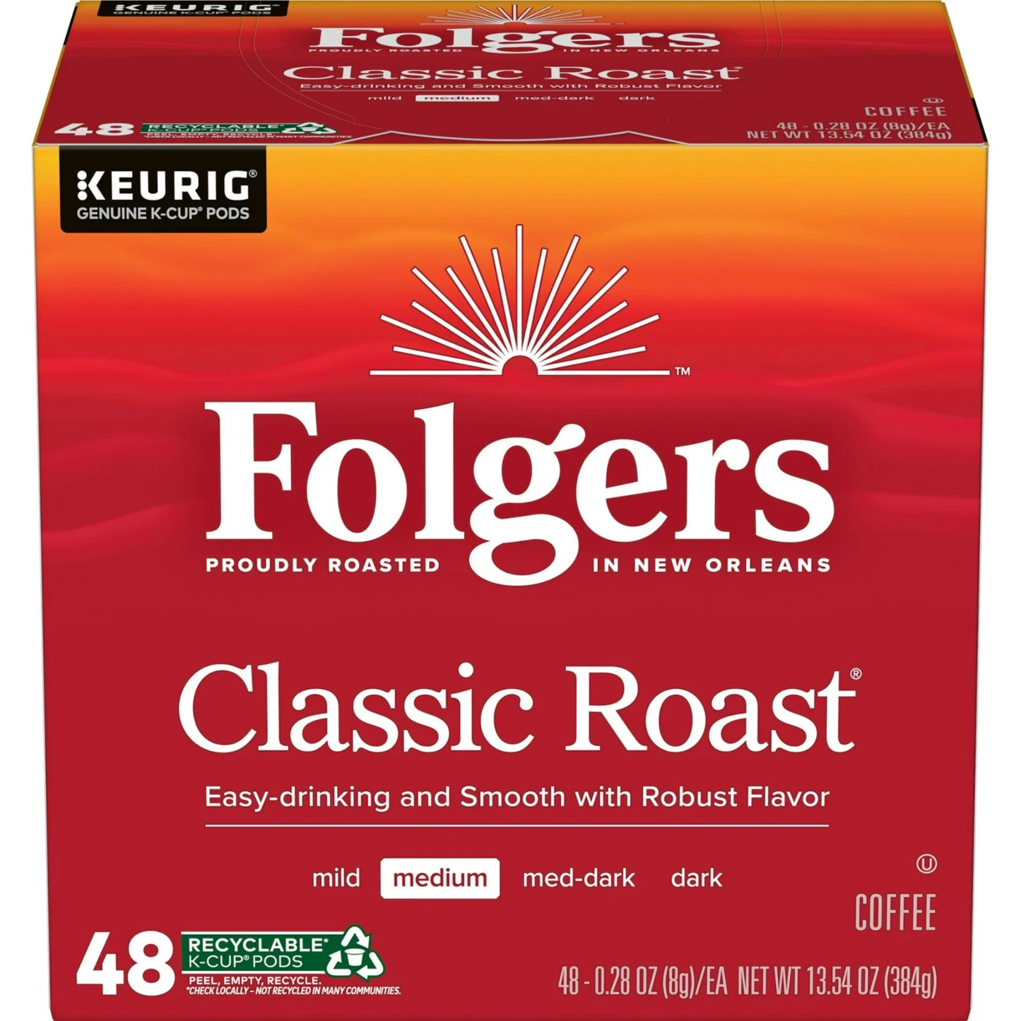 Folgers Classic Roast, Medium Roast Coffee, Keurig K Cup Pods, 48 Count Box