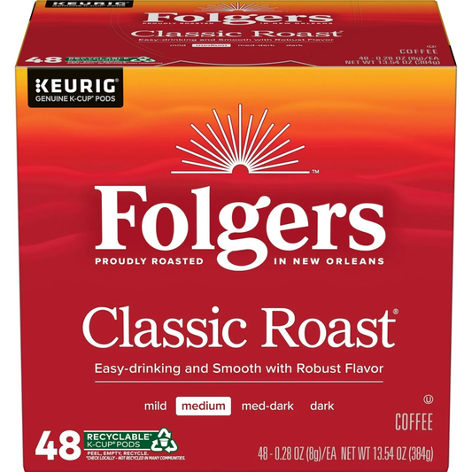Folgers Classic Roast, Medium Roast Coffee, Keurig K Cup Pods, 48 Count Box