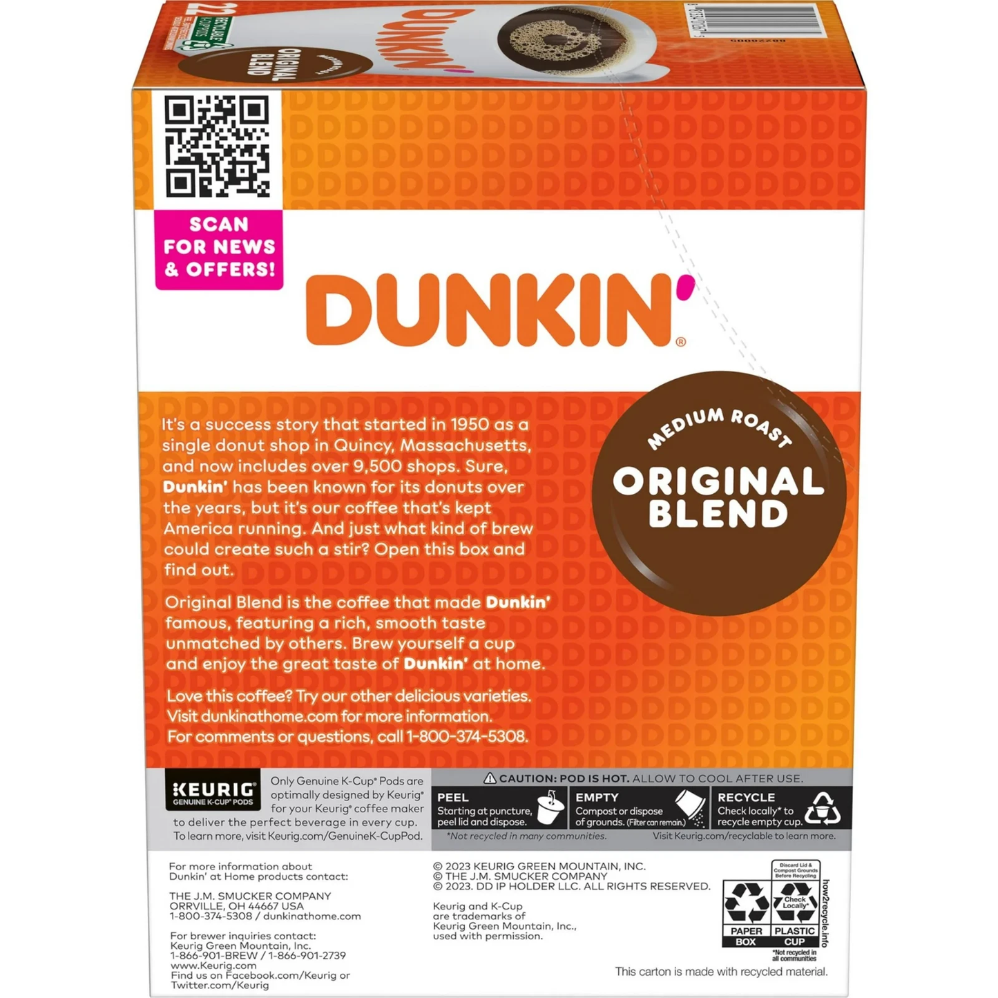 Dunkin' Original Blend Coffee, Medium Roast, Keurig K Cup Pods, 44 Count Box