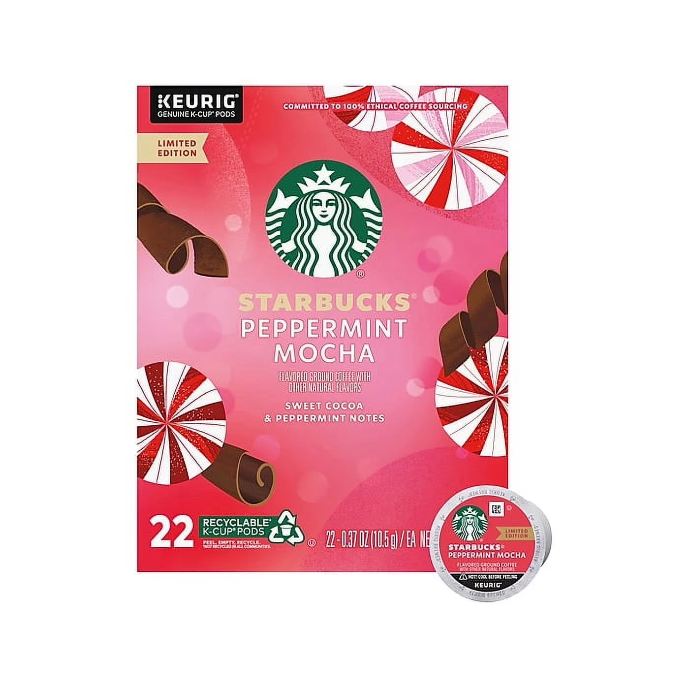 Starbucks Peppermint Mocha Coffee Keurig K-Cup Pods, Light Roast, 22 ct
