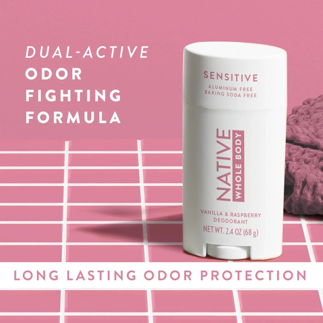Native Deodorant, Aluminum Free, Sensitive Whole-Body Deodorant Vanilla & Raspberry Scent 2.4 oz