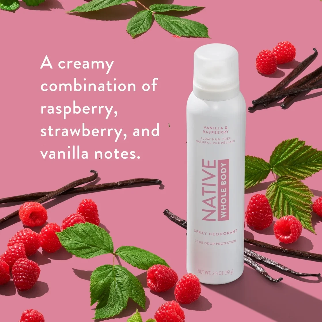 Native Deodorant, Aluminum Free, Sensitive Whole-Body Spray Deodorant Vanilla & Raspberry Scent 3.5 oz