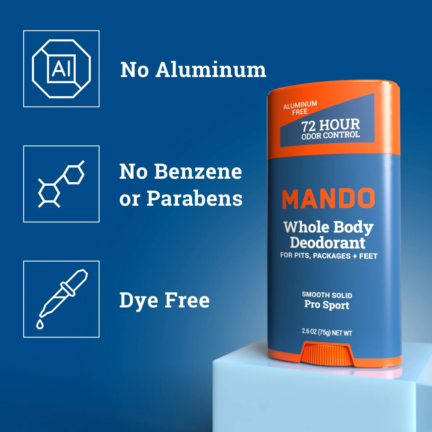 Mando Whole Body Deodorant Stick for Men, Smooth Solid, Aluminum Free, Pro Sport Scent, 2.6 oz