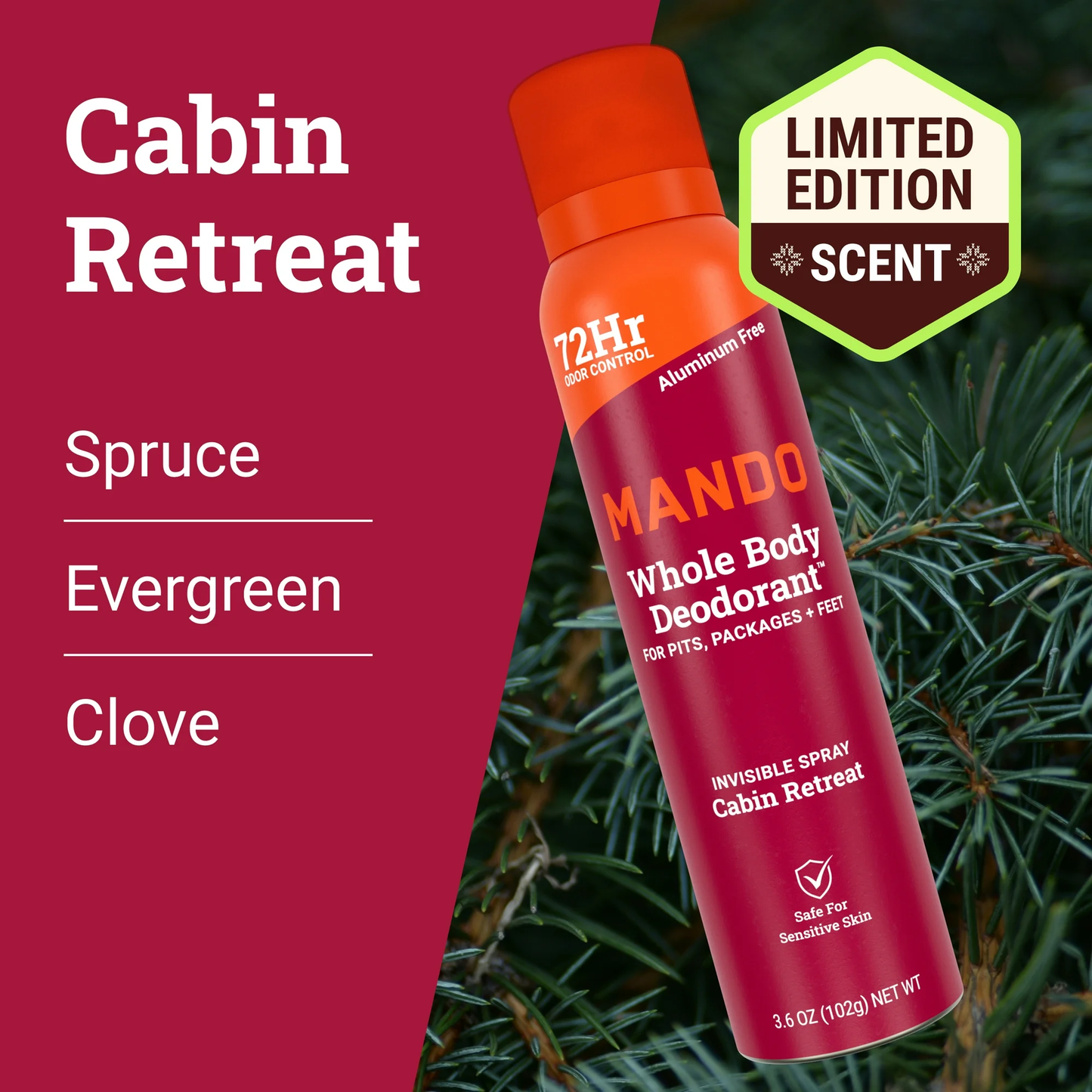 Mando Limited Edition Whole Body Deodorant Spray for Men, Aluminum Free, Cabin Retreat Scent, 3.6 oz