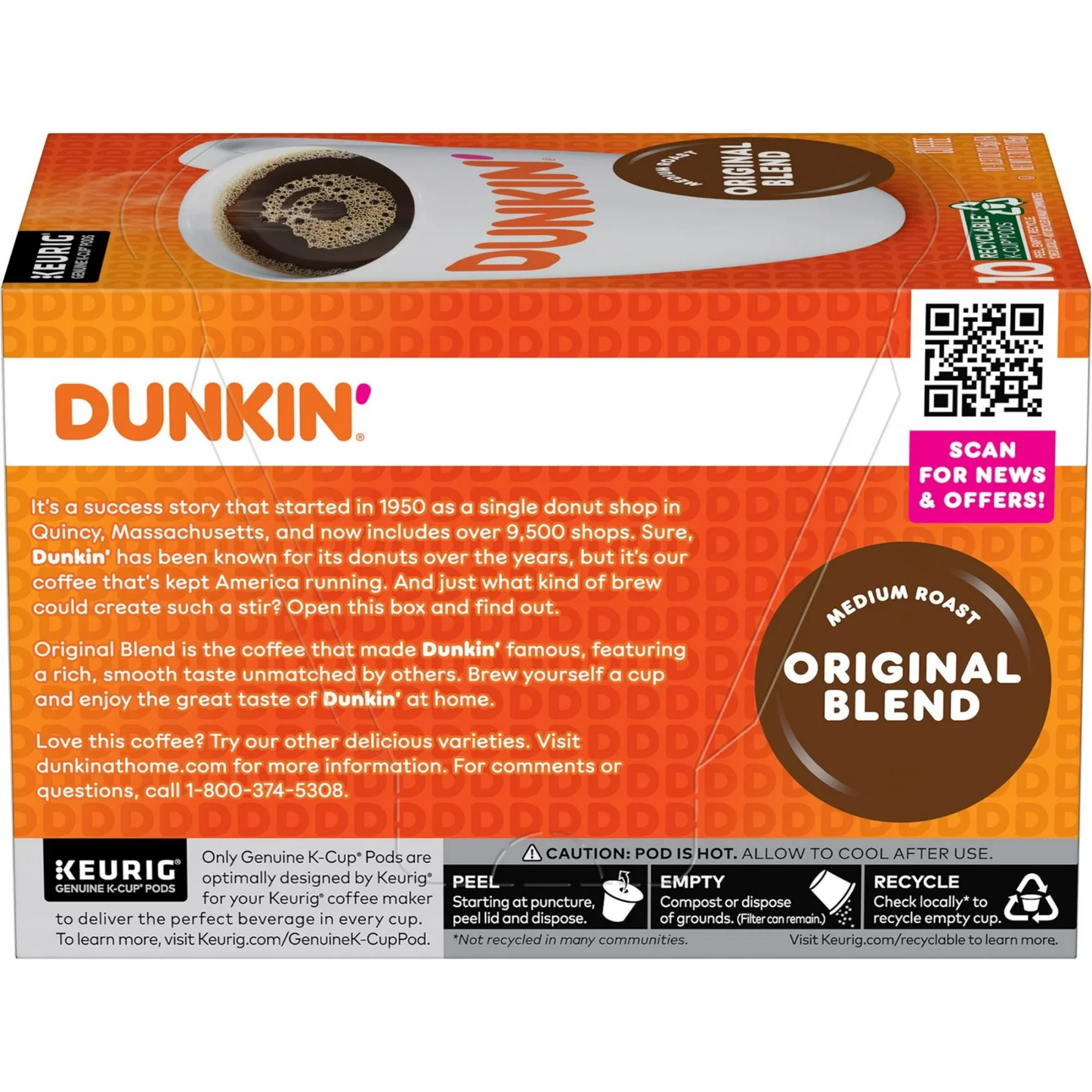Dunkin' Original Blend Coffee Medium Roast Keurig K Cup Pods 10 Count Box