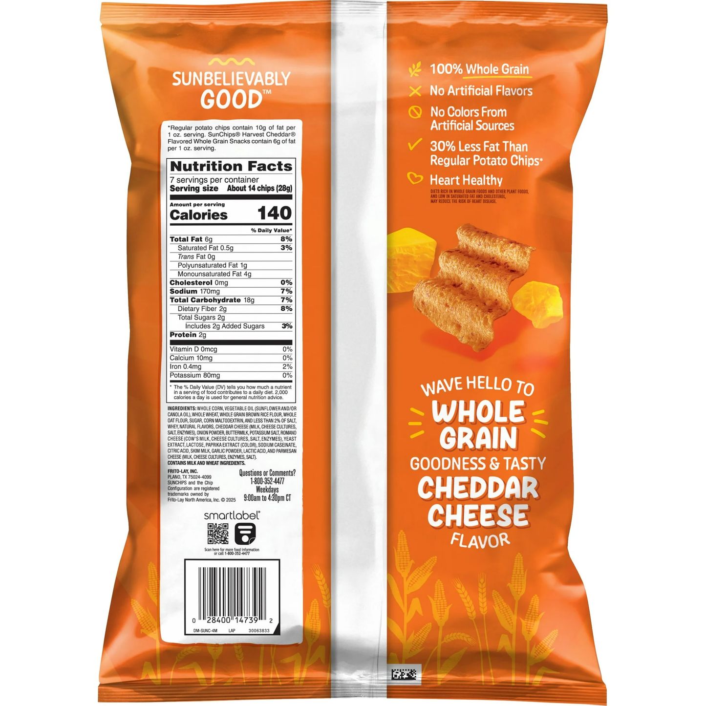 SunChips 100% Whole Grain Harvest Cheddar Snack Chips Bag, 7 oz