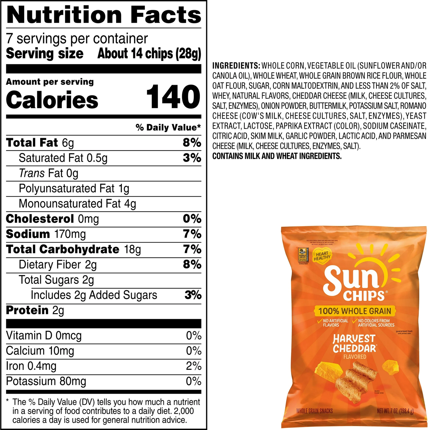 SunChips 100% Whole Grain Harvest Cheddar Snack Chips Bag, 7 oz