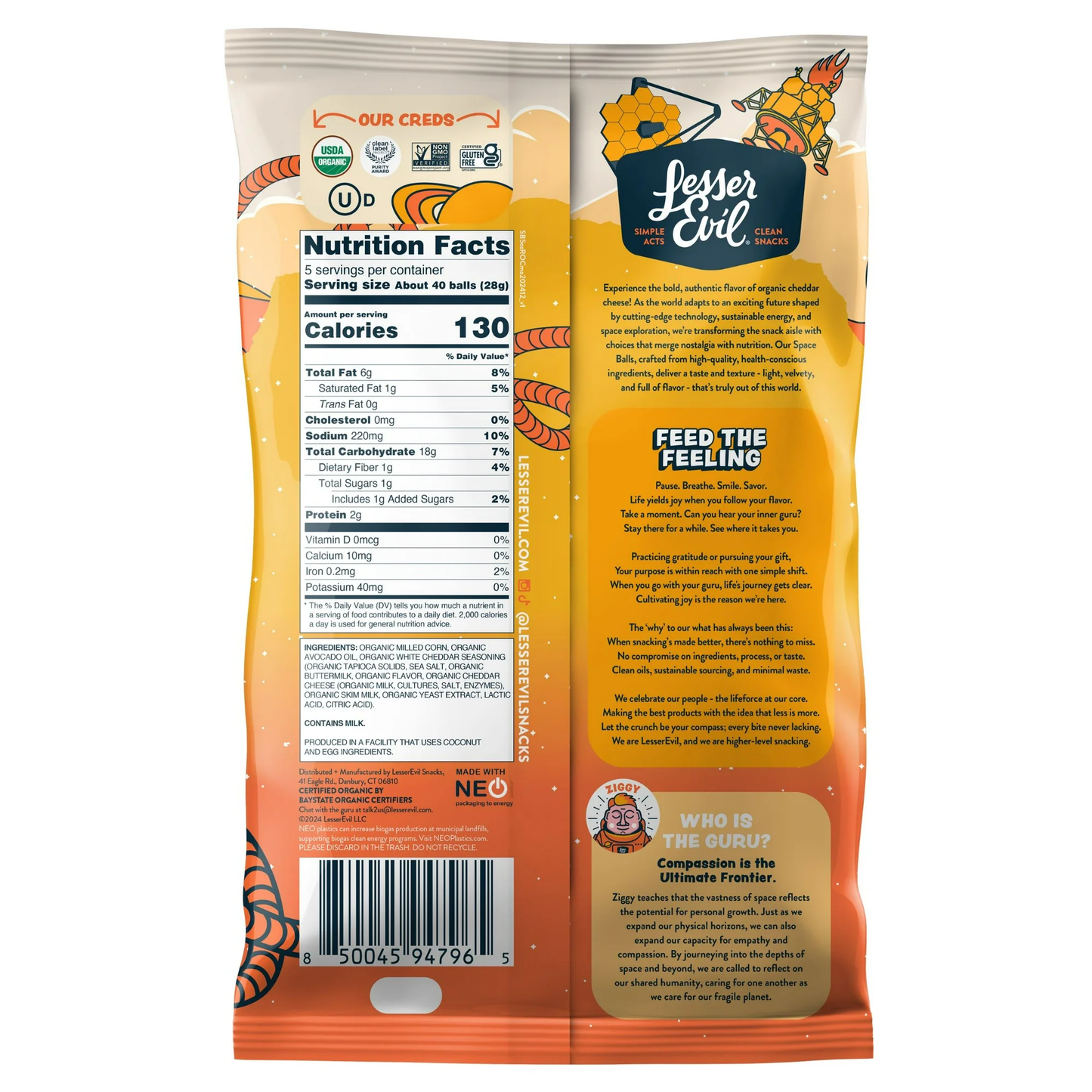 LesserEvil Space Balls, Real Organic Cheddar, 5 oz