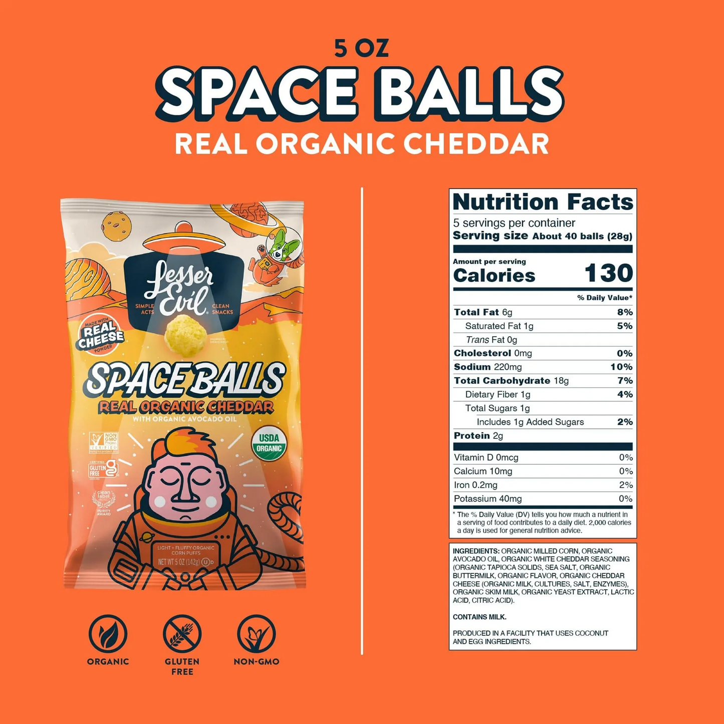 LesserEvil Space Balls, Real Organic Cheddar, 5 oz