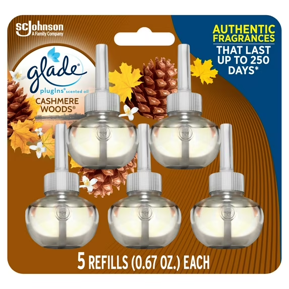 Glade PlugIns Refill Air Freshener, Christmas Holiday Cashmere Woods, 5 Pack