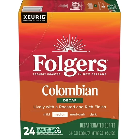 Folgers Colombian Decaffeinated, Medium Roast Coffee, Keurig K Cup Pods, 24 Count Box
