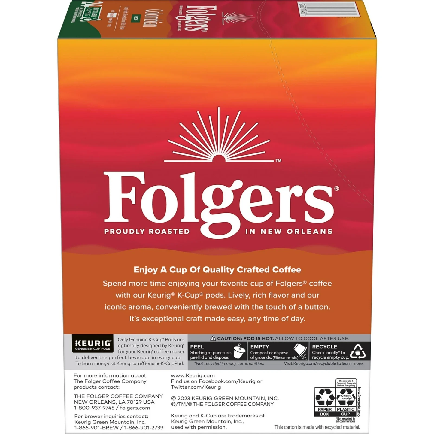 Folgers Colombian Decaffeinated, Medium Roast Coffee, Keurig K Cup Pods, 24 Count Box