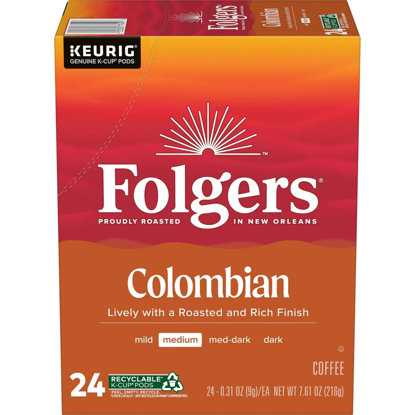 Folgers Colombian, Medium Roast Coffee, Keurig K Cup Pods, 24 Count Box