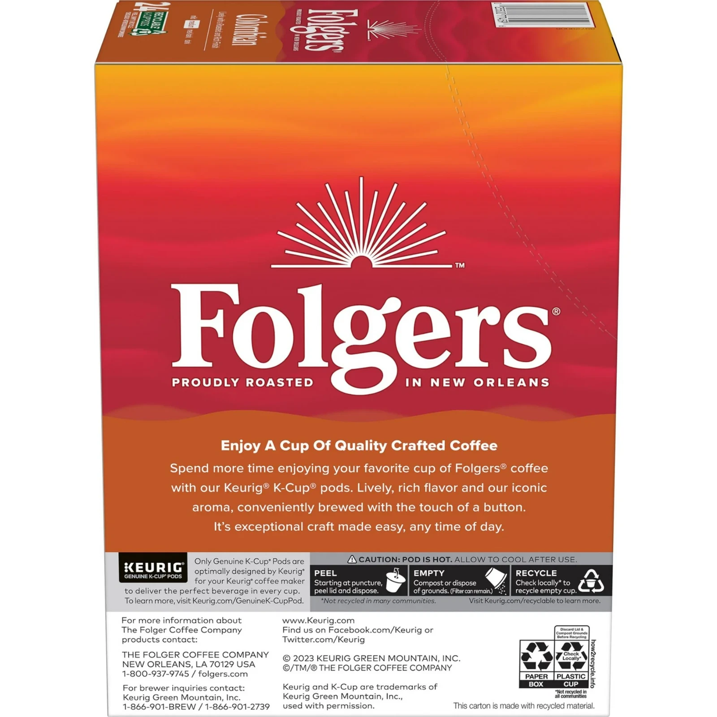 Folgers Colombian, Medium Roast Coffee, Keurig K Cup Pods, 24 Count Box
