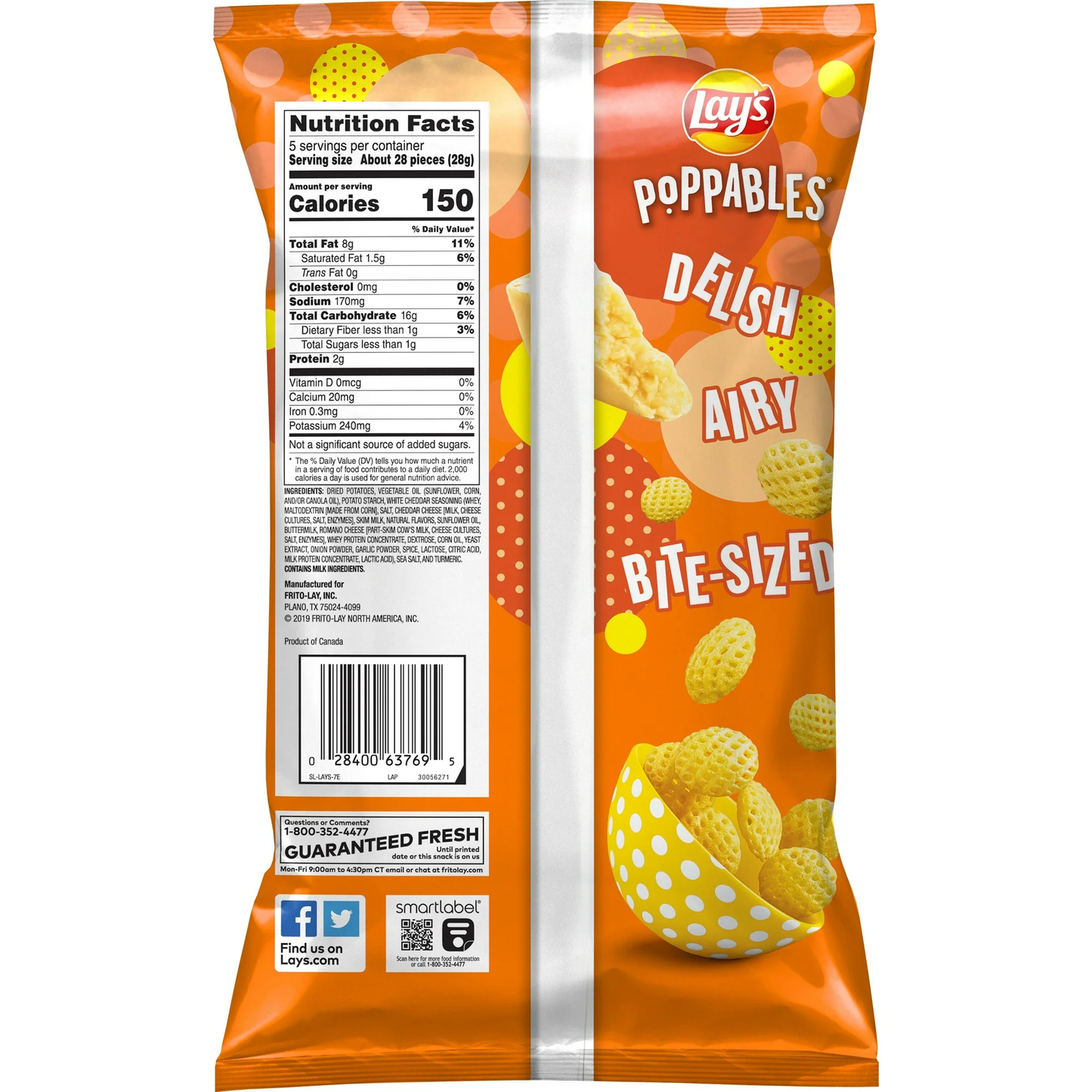 Lay's Poppables White Cheddar Flavored Potato Snack Chips, 5 Oz Bag