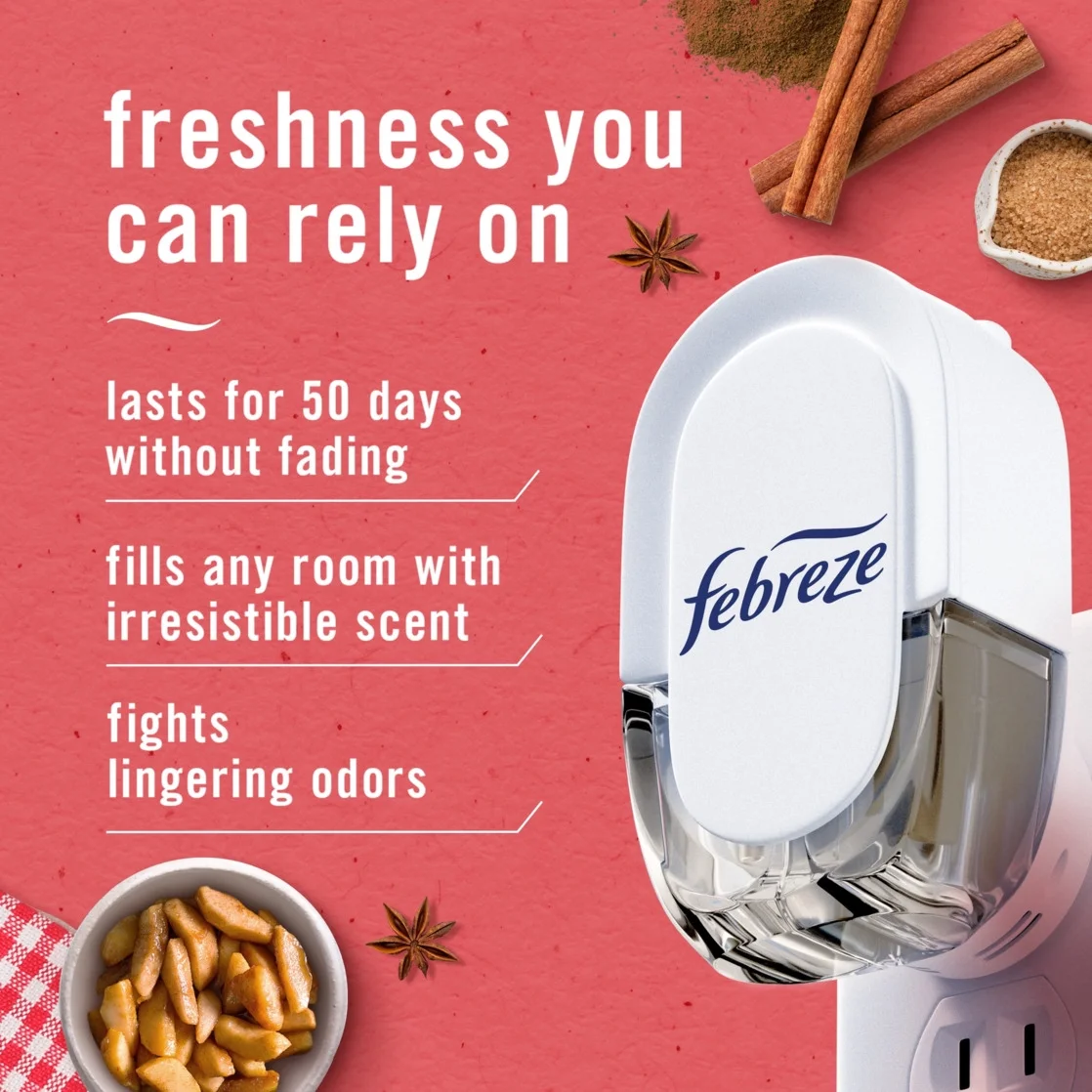 Febreze Plug In Air Freshener Odor-Fighting Scented Oil 2 Refill Cinnamon Apples