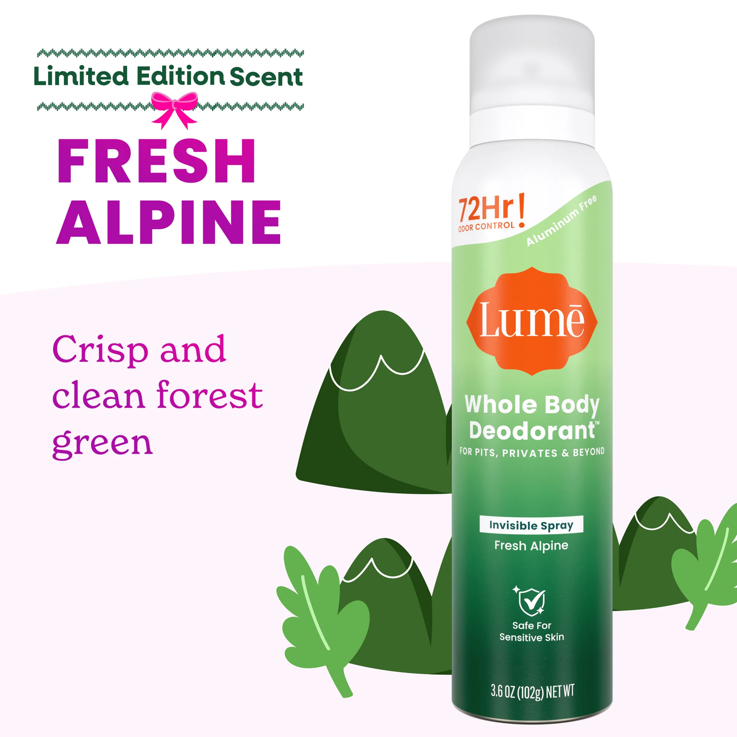 Lume Whole Body Deodorant for Women, Spray Deodorant, Aluminum Free, Fresh Alpine, 3.6 oz
