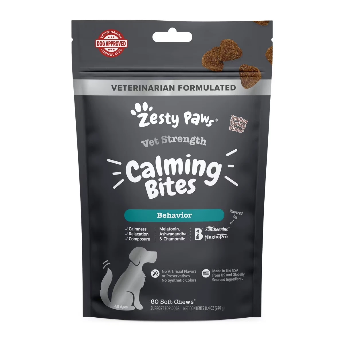 Zesty Paws Vet Strength Calming Bites for Dogs, Supplement for Anxiety, 60 Count