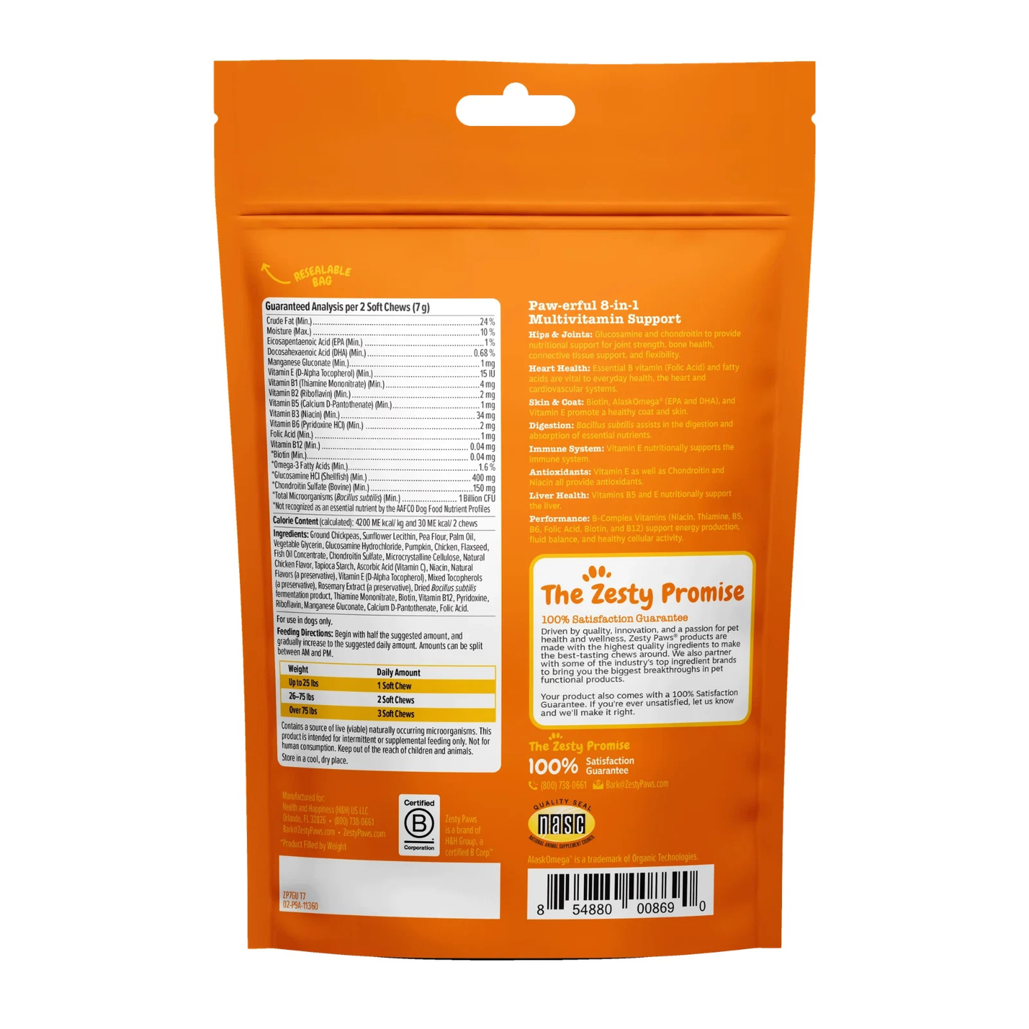 Zesty Paws 8-in-1 Multivitamin Bites for Dogs, Overall Wellbeing, Chicken 60ct