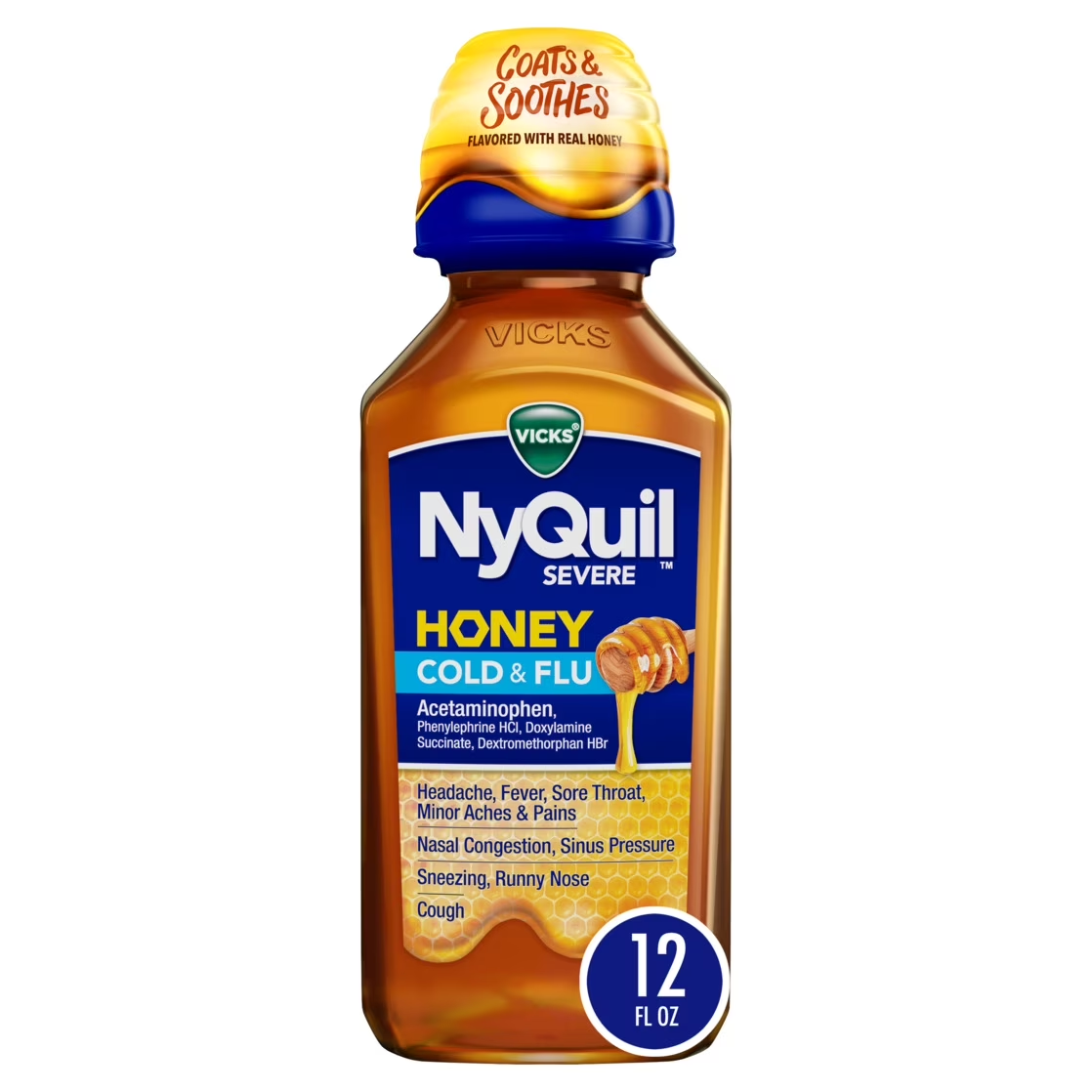 Vicks NyQuil Severe Liquid Medicine, Cold, Cough & Flu, Medicine, Honey, 12 oz