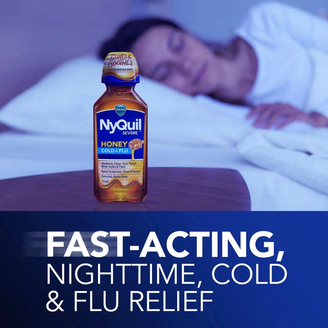 Vicks NyQuil Severe Liquid Medicine, Cold, Cough & Flu, Medicine, Honey, 12 oz