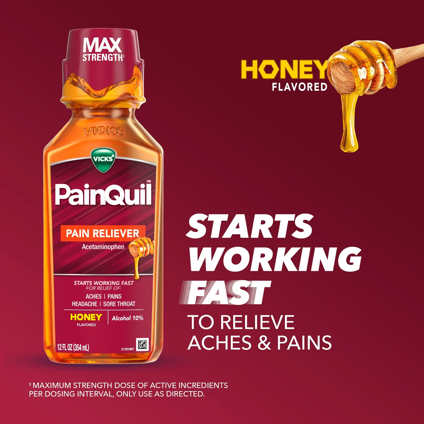 Vicks PainQuil Pain Relief Liquid, Acetaminophen 1000mg Pain Reliever, Honey Flavored, 12 fl oz