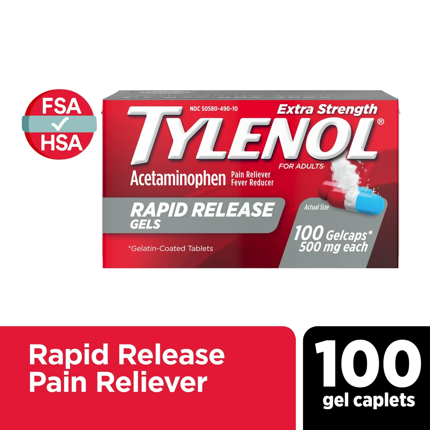 Tylenol Extra Strength 500 mg Acetaminophen Rapid Release Gels, 100 Count