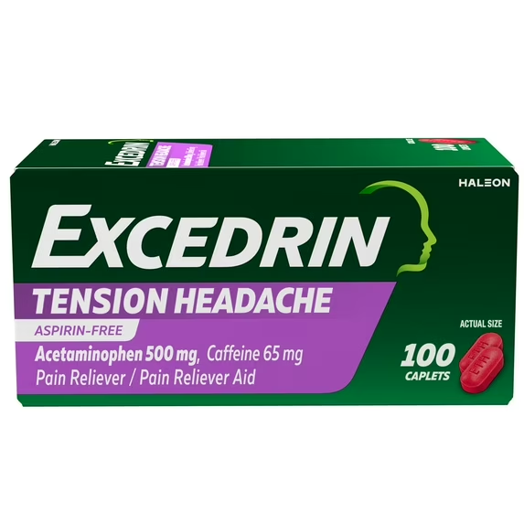 Excedrin Tension Headache Relief, Acetaminophen 500mg, Caffeine 65mg, Aspirin Free 100 Count
