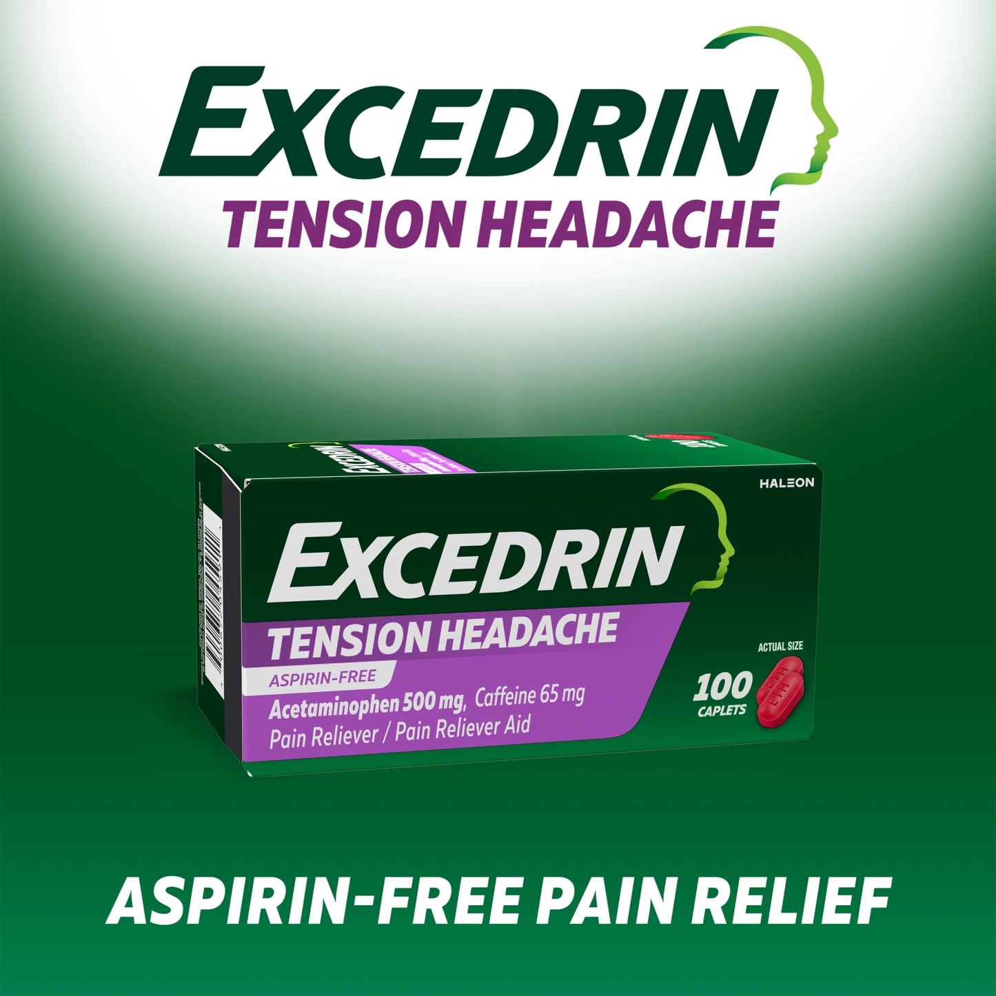 Excedrin Tension Headache Relief, Acetaminophen 500mg, Caffeine 65mg, Aspirin Free 100 Count