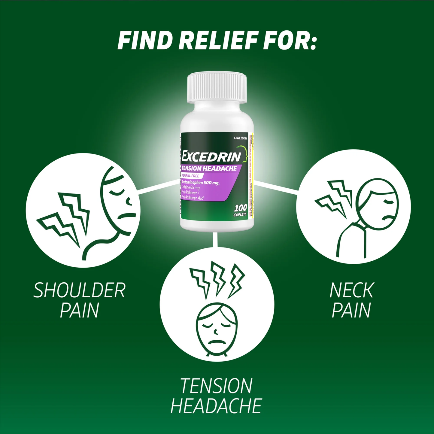 Excedrin Tension Headache Relief, Acetaminophen 500mg, Caffeine 65mg, Aspirin Free 100 Count