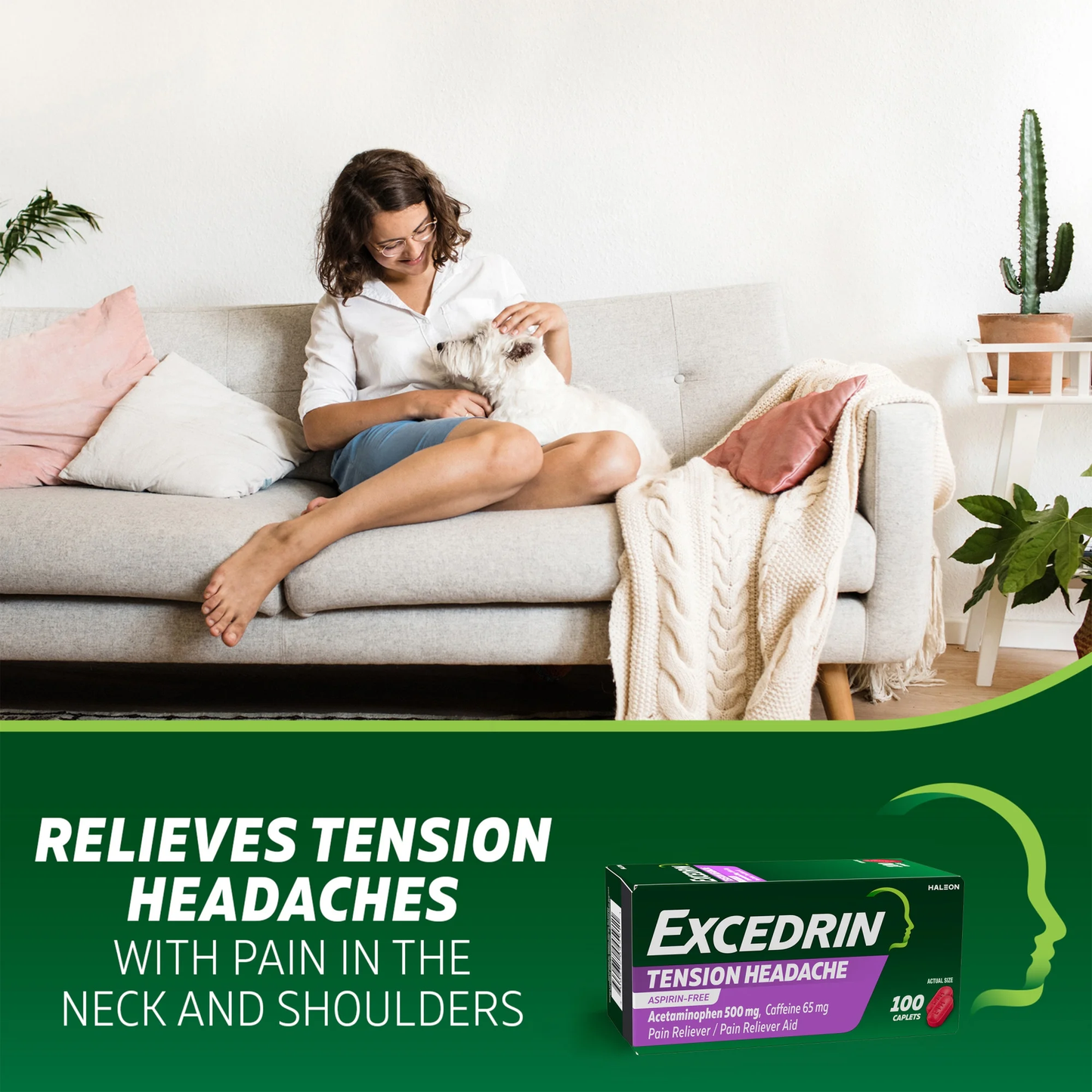 Excedrin Tension Headache Relief, Acetaminophen 500mg, Caffeine 65mg, Aspirin Free 100 Count