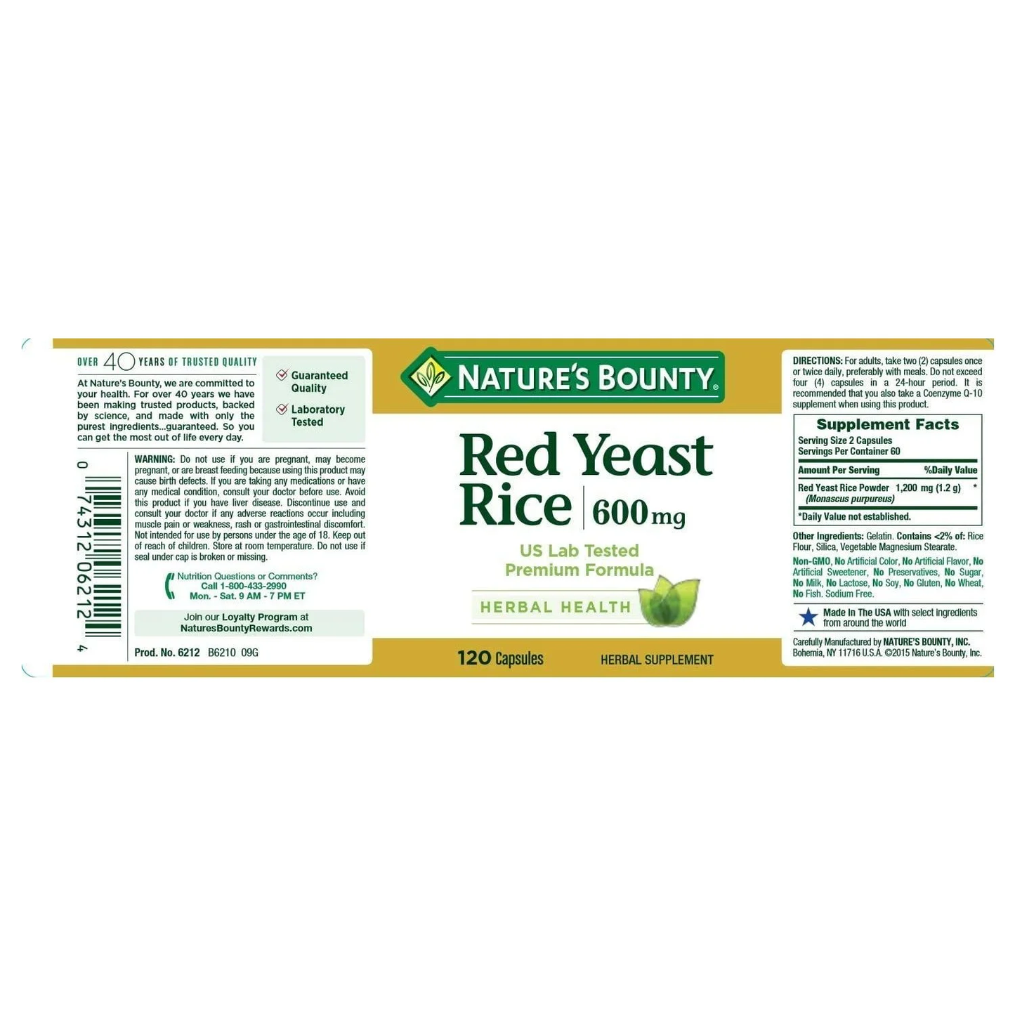 Nature's Bounty Red Yeast Rice 600mg Capsules, Herbal Supplement, Non-GMO, Gluten-Free, 120 Count